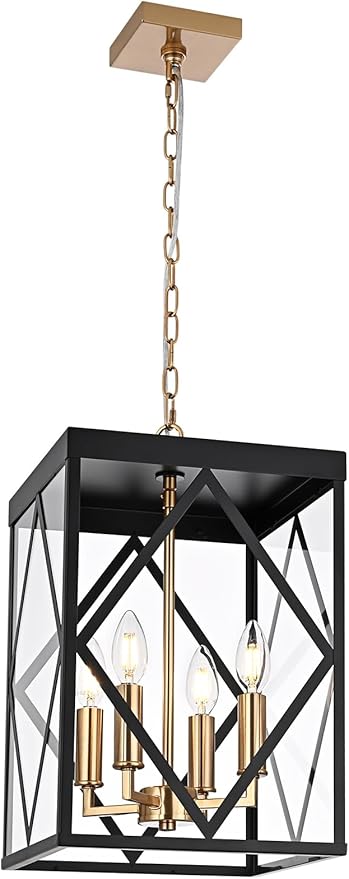 4-Light Outdoor Pendant Lights for Porch 15.7'' Outdoor Chandelier Black &amp Brushed Brass Exterior Hanging Porch Light Fixtures w/Clear Glass Waterproof Outside Pendant Lantern for Front Door