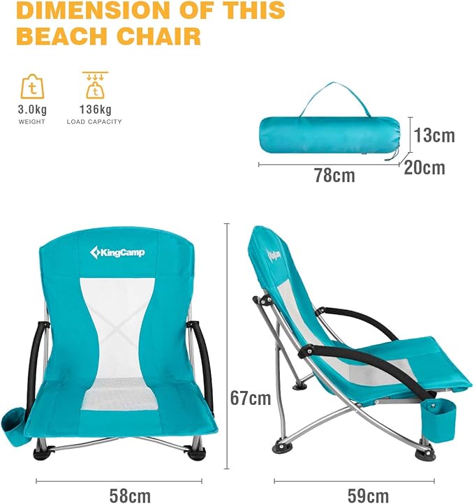 KingCamp Low Seat Beach Chair Outdoor Camping Folding Chair with Cup Holder 3 Colors