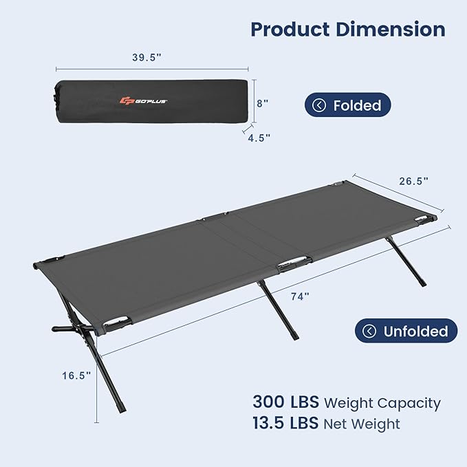 Goplus Folding Camping Cot with Carrying Bag Portable Lightweight Outdoor Sleeping Bed for Adults Kids 300LBS Weight Capacity Heavy-Duty Camping Bed for Traveling