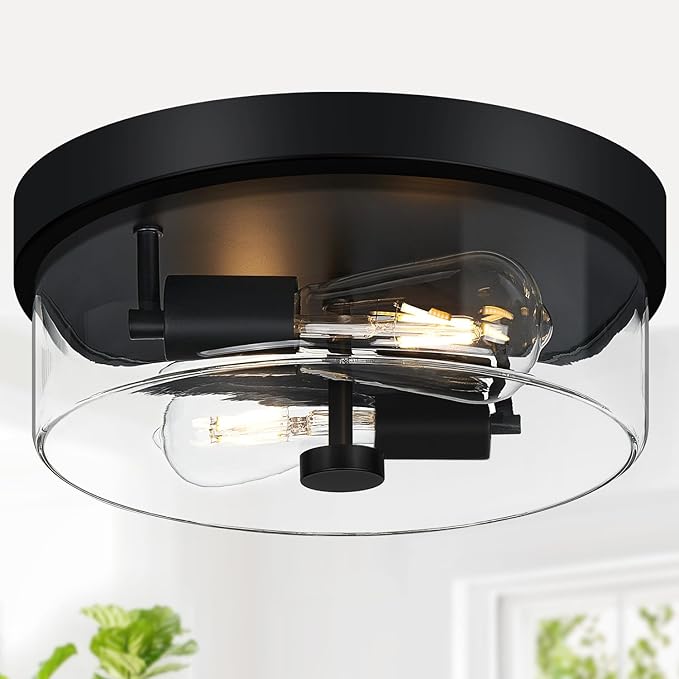 Flush Mount Ceiling Light Fixtures 2-Light Black Ceiling Mount for Farmhouse with Clear Glass Lampshade Industrial Flush Mount Light Fixture for Hallway Kitchen Entryway and Foyer