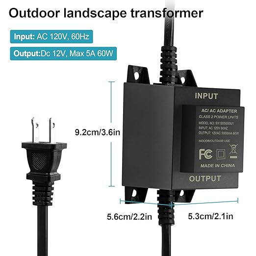 Low-Voltage Landscape Transformer 60W 5A converts 110V-120V AC to 12V AC. Landscape Lighting Transformer for Outdoor Lighting Landscape Lighting Swimming Pool Lights LED Lights Water Pumps etc