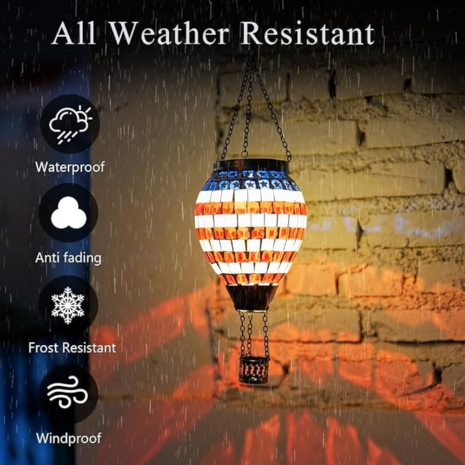 Flag Hot Air Balloon Solar Lantern Mosica Glass Hanging Solar Lanterns Outdoor Waterproof for Garden Yard Patio Decor