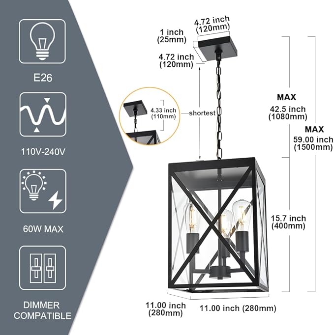 TODOLUZ Large Outdoor Porch Light Adjustable Chain 3-Lights Modern Outdoor Pendant Lighting in Matte Black Finish Outside Ceiling Mount Lamp for House Front Door Porch Patio Entryway