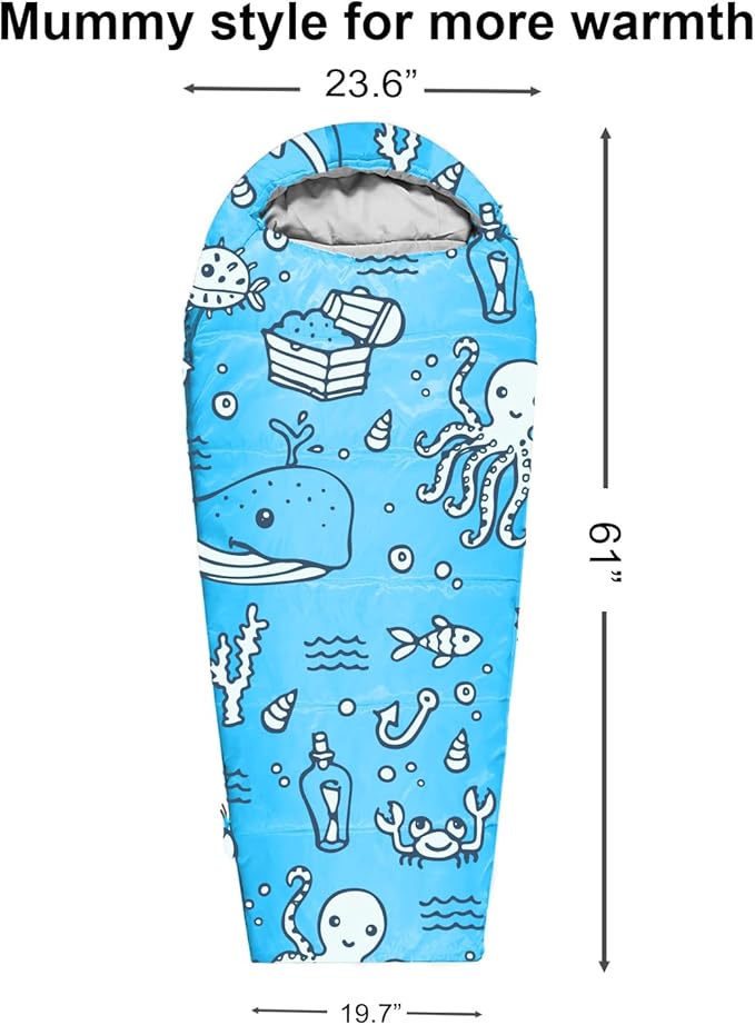 KidzAdventure Mummy Style 32 – 59F Kids Sleeping Bag with Pillow Sleeve 4 Season Lightweight and Backpacking Style Ideal for Camping Sleepover Boys Girls Youth and Toddlers