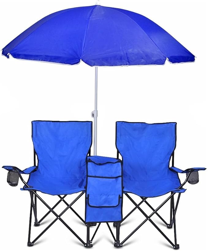 GoTEAM! Portable 2-Seat Folding Camp Chair with Cooler Umbrella &amp Cup Holders – Outdoor Picnic Beach or Tailgate Seating – Carry Case Included