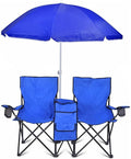 GoTEAM! Portable 2-Seat Folding Camp Chair with Cooler Umbrella &amp Cup Holders – Outdoor Picnic Beach or Tailgate Seating – Carry Case Included