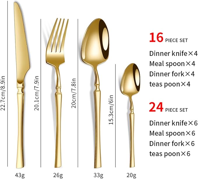 Mirror Polished Mirror Polished Utensils Set Include Fork Knife Spoon Set Modern Design Cutlery Utensil Sets Dishwasher Safe(Size:24PCSColor:Gold)
