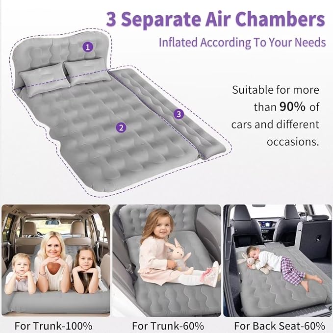 SUV Air Mattress - Thickened Double-Sided Flocking Travel Inflatable Mattress Bed With Electric Air Pump and 2 Pillows for Car Home Outdoor and Travel - Grey