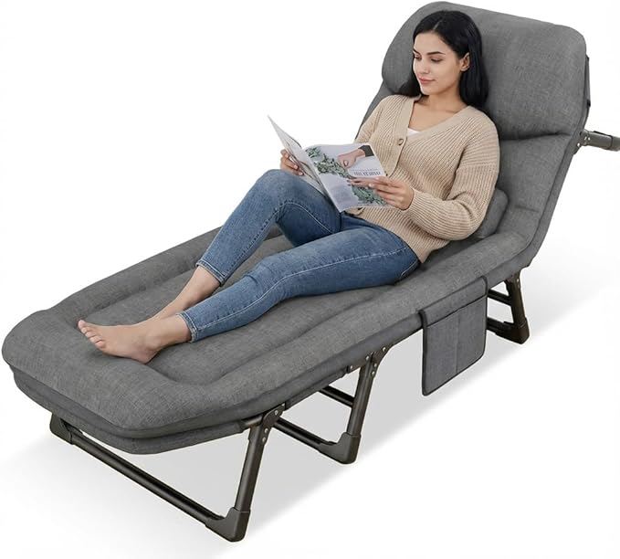 Portable Folding Bed Cot Recliner 6 Position Adjustable Backrest with Pillow Heavy Duty Steel Frame for Camping Office Nap Indoor Outdoor Use (Small(66in))