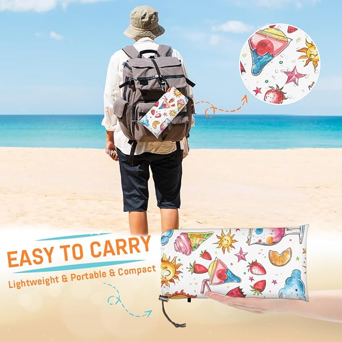 Waterproof Sandproof Beach Blanket 59''×68'' Freedom Ice Cream Polyester Outdoor Picnic Blanket with 4 Stakes &amp Storage Bag for BeachCampingVacation White Bottom
