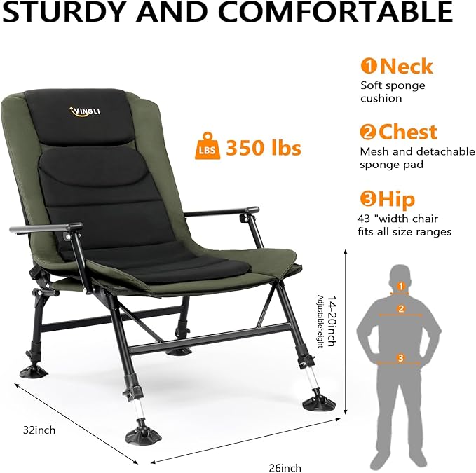 VINGLI Oversized Fishing Chair Heavy Duty Support 440 LBS 160° Freely Adjustable Reclining Folding Chairs Lounge Travel Outdoor Seat with High Back for Fishing Camping or Leisure