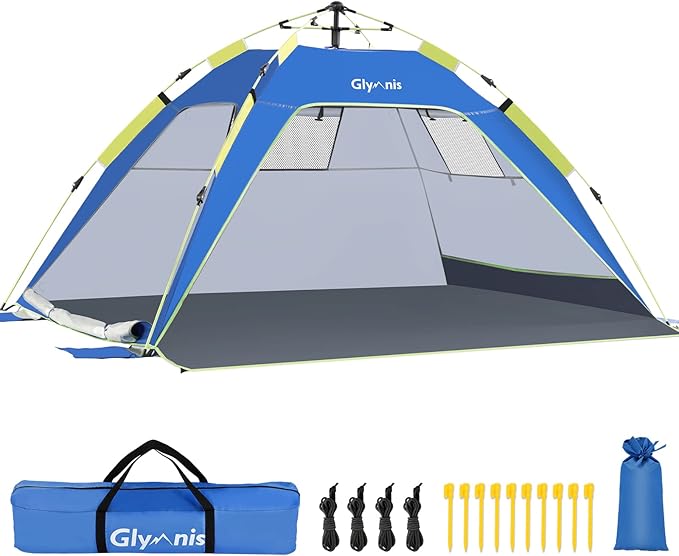 Glymnis Pop Up Beach Tent Sun Shade Shelter for 3-4 Person with UPF 50+ Lightweight &amp Easy Setup Vent Windows &amp Zippered Door Extended Floor Family Instant Beach Tent