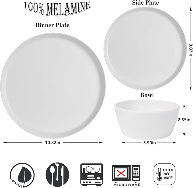 12-Piece Plastic Dinnerware Set Plates and Bowls Sets Service for 4 Matte White Melamine Plates Unbreakable Plastic Outdoor Camping Dishes Decor Dishwasher Safe
