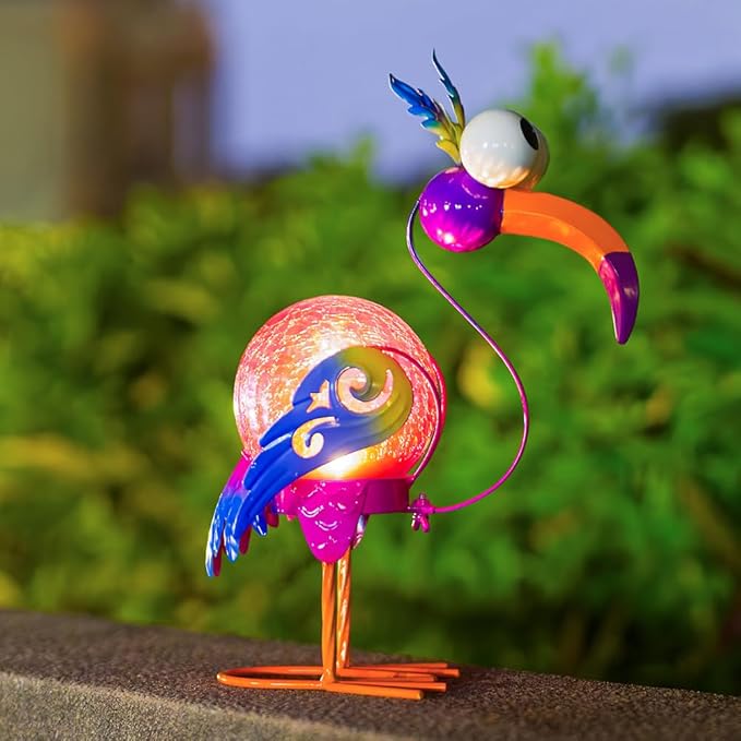 Funny Birds Solar Lanterns Outdoor Waterproof LED Solar Lights Crackle Glass Decorative Crane Tabletop Lantern Garden Yard Art Patio Porch Decor Gift for Women Moms (Purple)