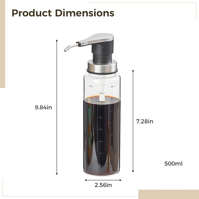 4 Pcs 16.9 Oz Pressing Sauce Bottles Clear Glass Dispensers with Pumps Stainless Steel for Coffee Syrup and Salad Dressing Leak-Proof