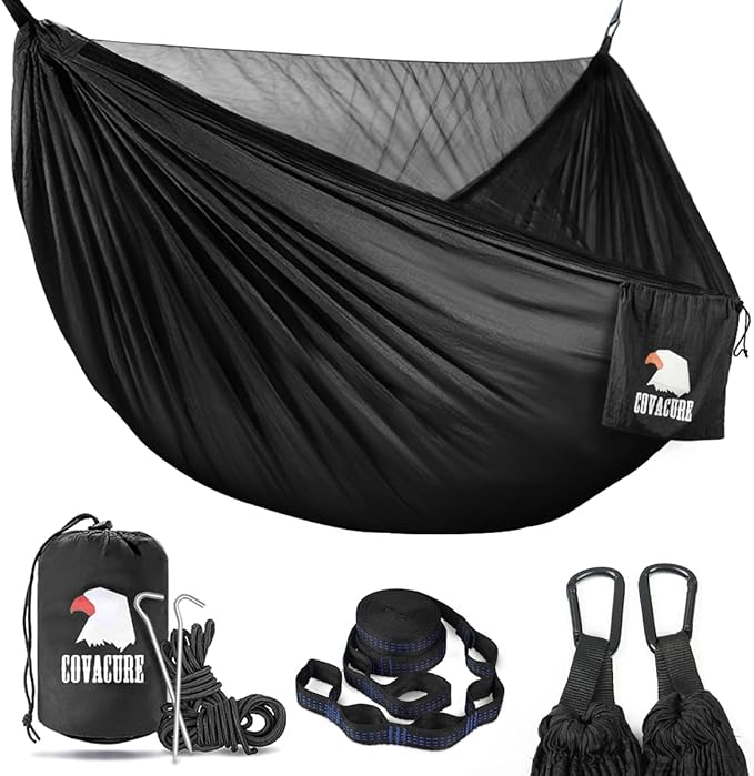 Covacure Camping Hammock - 772lbs Capacity Double Hammock with Tree Straps Lightweight Parachute Nylon Outdoor Survival Gear for Hiking Backpacking Travel or Backyard (Black)