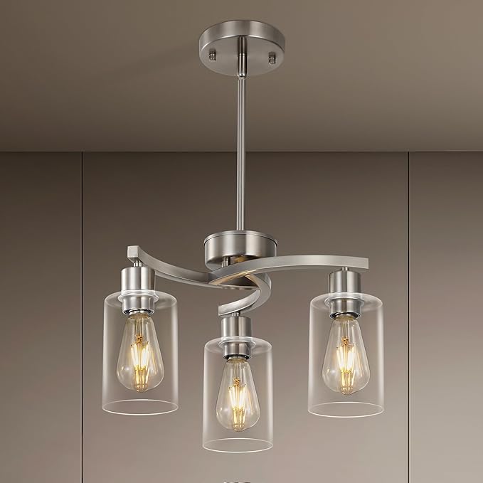 3 Light Brushed Nickel Dining Room Light FixtureModern Kitchen Chandeliers Over TableAdjustable Height Industrial Hanging Pendant Lights for Kitchen Island with Glass Shade