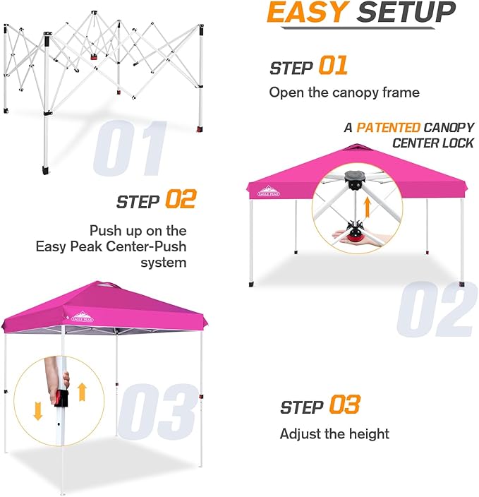EAGLE PEAK Pop Up Canopy Tent with Wheeled Carry Bag 8 Stakes 4 Ropes Easy Set Up Tent Canopy 6.6x6.6 ft Pink