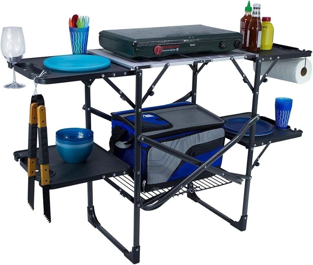 GCI OUTDOOR Slim-Fold Cook Station | Portable Folding Kitchen Table with a Heat Resistant Tabletop 4 Side Tables &amp Storage Rack Perfect for Picnics &amp Camping Trips
