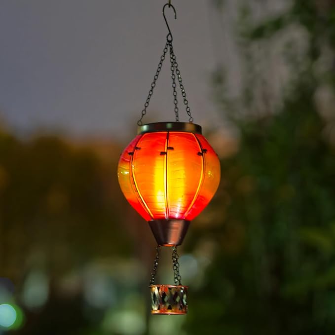Gradient Hot Air Balloon Solar Lanterns Outdoor WaterproofGradient Glass Solar Hanging Hot Air Balloon Lantern with Flame Flickering Lights for PatioPorchYard Decor