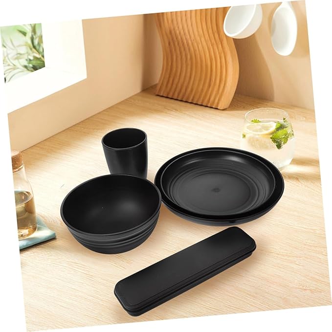Modern Black Camping Dishes Utensils Set Picnic Plates Bowl Cutlery Dinnerware