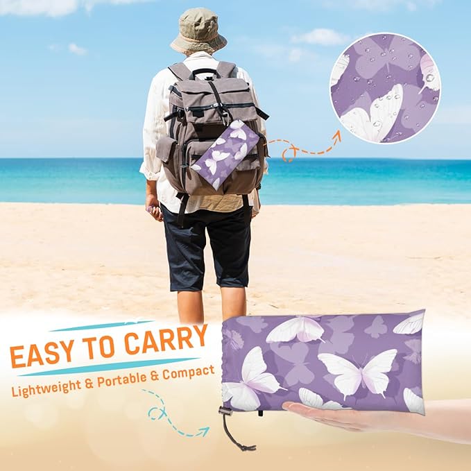 Waterproof Sandproof Beach Blanket 59''×68'' White Butterfly Polyester Outdoor Picnic Blanket with 4 Stakes &amp Storage Bag for BeachCampingVacation Purple Bottom