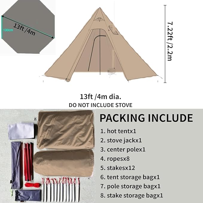 DANCHEL OUTDOOR Backpacking Hot Tent w/Stove Jack Portable Tipi Tent with T6 Titanium Folding Wood Stove for 1-4 Person Winter Camping Hunting3m/4m