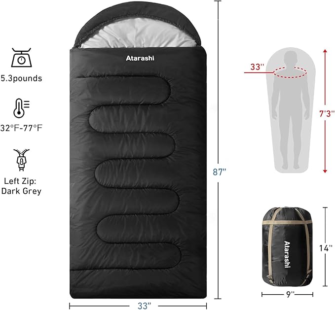 Atarashi Camping Sleeping Bag- 4 Seasons for Adults Light Warm Extra-Large with Compression Sack- Great for Hiking Backpacking &amp Outdoor Adventures