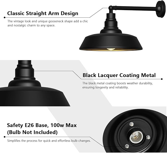 18 Large Gooseneck Barn Light - Outdoor Barn Light is Made of Durable Rust-Resistant Materials for Long-Lasting use Black Industrial Lighting Fixture for Farmhouse Garage Patio