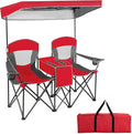 Tangkula Loveseat Camping Chair with Adjustable Shade Canopy Portable Beach Chair with Cooler Bag 2 Cup Holders Carrying Bag Foldable Double Lawn Chair for Travel Fishing Picnic (Red)