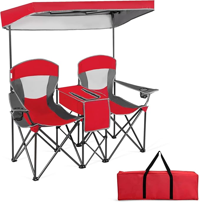 Tangkula Loveseat Camping Chair with Adjustable Shade Canopy Portable Beach Chair with Cooler Bag 2 Cup Holders Carrying Bag Foldable Double Lawn Chair for Travel Fishing Picnic (Red)