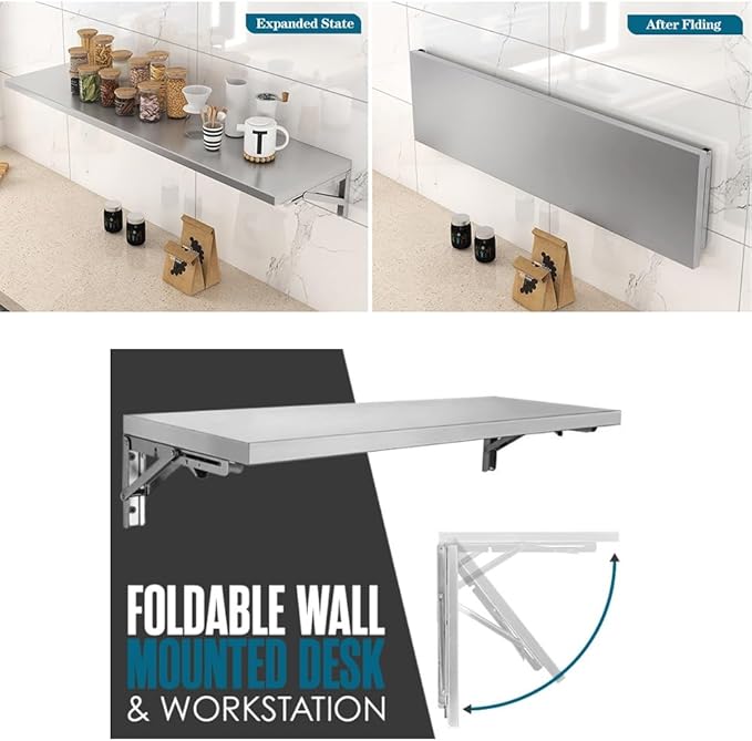 Stainless Steel Folding Shelf 36 X 12 Wall Mounted Drop Down Table Floating Shelf for Concession Window Food Trailer Kitchen Garage Laundry(100x40cm/40x16in)