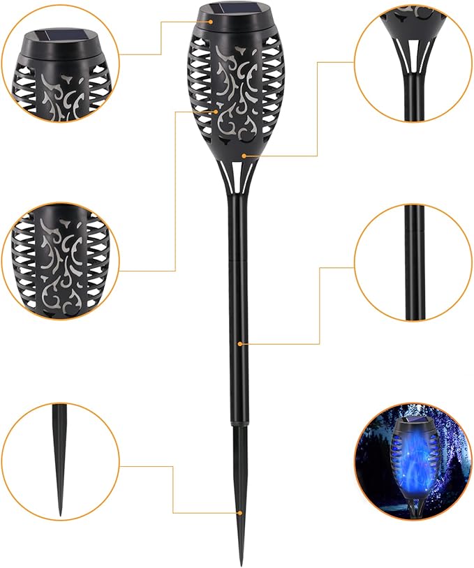 Blue Solar Lights Halloween Decorations Outdoor 8 Pack Solar Torch Lights with Flickering Flame 12 LED Mini Tiki Torches Waterproof for Landscape Pathway Dusk to Dawn Auto On/Off