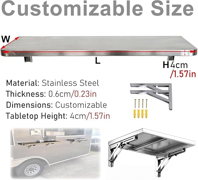 Fold Down Concession Shelf Foldable Stainless Steel Shelves for Food Truck Exterior Utility Wall Shelf for Grilling Stations Porch Storage Trailers(Silver-W 12in/30cmL 40in/101cm)