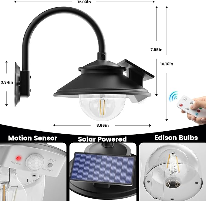 SIEDiNLAR Solar Barn Light Outdoor 3 Modes 2 Lighting Garage Shed Light Farmhouse Gooseneck Wall Light Waterproof with Remote/Motion Sensor for Barn Garage Shed Chicken Coop Porch Black (1 Pack)