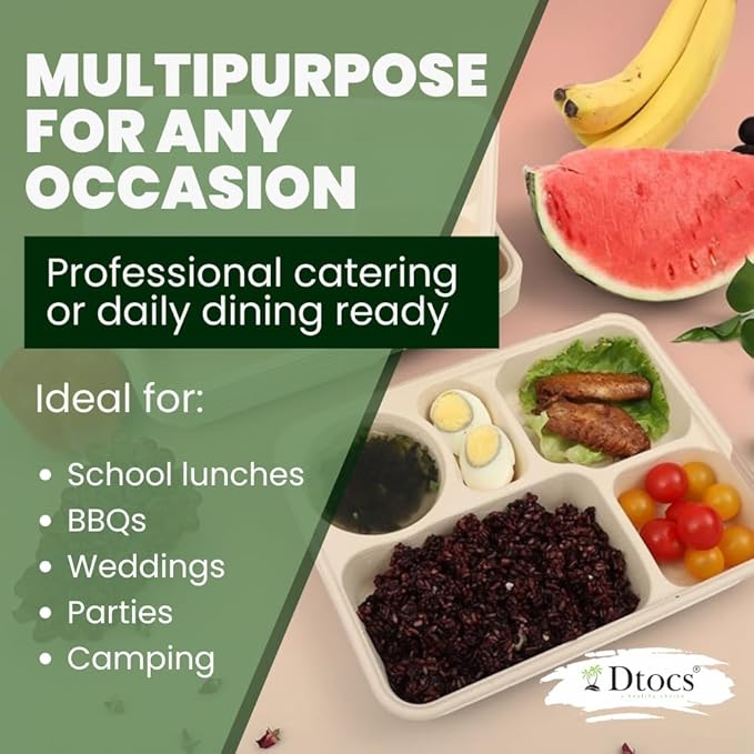 Dtocs 5 Compartment Plates Disposable (40 Pcs.) 9 Inch | Bamboo Fiber Heavy Duty Divided Plates | Sectional Trays for Cafeteria Lunch Buffet Camping | Sturdy Microwavable Divided Bamboo Plate Set