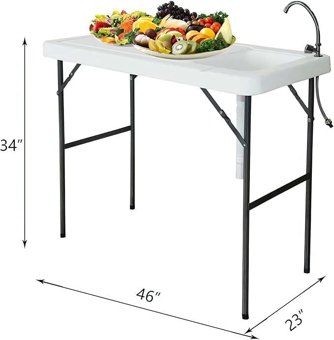 Fishing Cleaning Table with Sink - Portable Folding Camping Sink Table | Fish Fillet Hunting Station with Faucet Ideal for Picnic Gardening &amp Kitchen Use - White