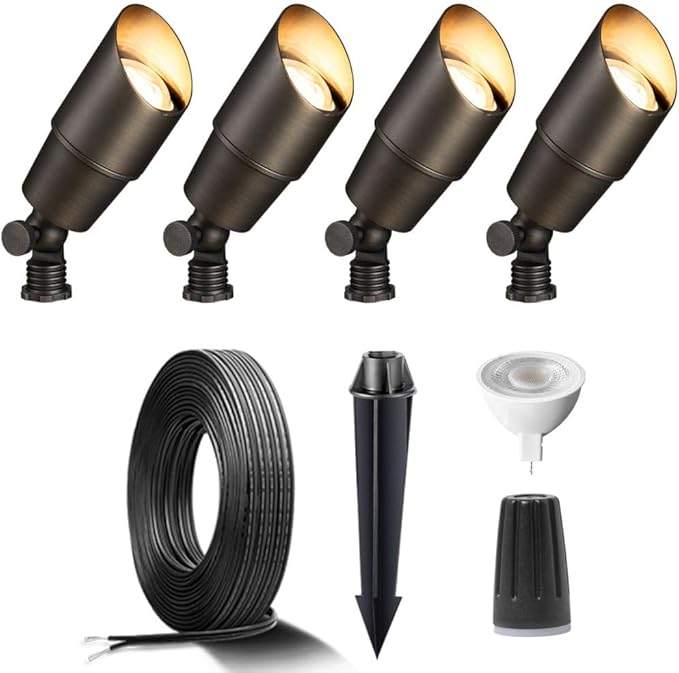 Gardenreet Brass Landscape Lighting Kit (4-Pack LED Spotlights) with 100 Feet Cable and 20Pack Wire Connectors for Outdoor House Garden Patio Without Low Voltage Transformer