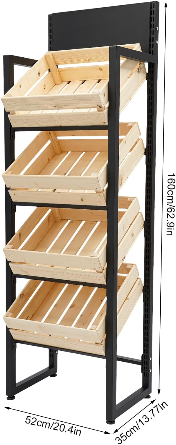 Wood Fruit and Vegetable Storage Rack 4-Tier Narrow Snack Rack Stand Farmers Market Stand for Kitchen Store Supermarket