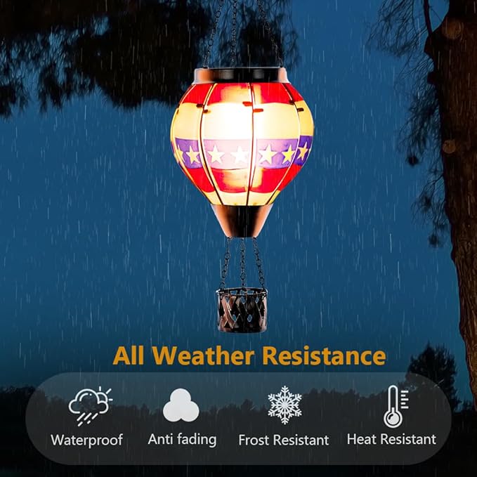 DREAMSOUL 2 PCS Flag Solar Hot Air Balloon Lantern with Flame Hanging Waterproof Solar Lanterns Outdoor Waterproof Flag Day for Patio Garden Decor Fourth of July Decorations