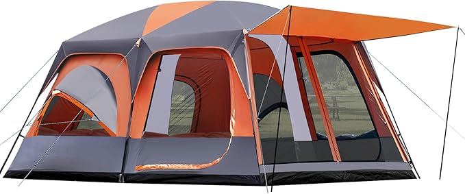 8–10-12 Person Camping Tent 2 Room Family Tent with Zippered Divider Porch Rainfly Extra Large Waterproof Cabin Tent with 3 Mesh Doors &amp Windows Easy Setup 7.1 ft Tall Tent for Outdoor Campin