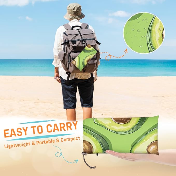 Waterproof Sandproof Beach Blanket 59''×68'' Fruit Avocados Polyester Outdoor Picnic Blanket with 4 Stakes &amp Storage Bag for BeachCampingVacation Green