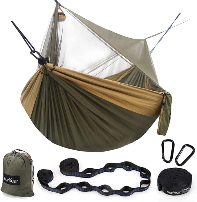 Sunyear Hammock Camping with Rain Fly Tarp and Net Portable Camping Hammock Double Tree Hammock Outdoor Indoor Backpacking Travel &amp Survival 2 Tree Straps100% Waterproof