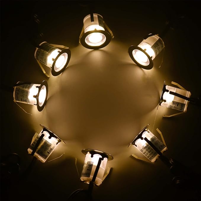LED Outdoor Deck Lights Kits Warm White Φ1.18in Low Voltage 12V DC IP67 Waterproof Electric Wired Recessed Round Landscape Lighting for Exterior Yard Stair Step Floor Riser 10 Pack Silver