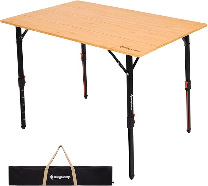 KingCamp 4-Fold Bamboo Camping Table with Serrated Adjustable Legs (16.5 to 27.6) Heavy-Duty Aluminum Frame &amp Carry Bag for Outdoor RV Picnic Beach