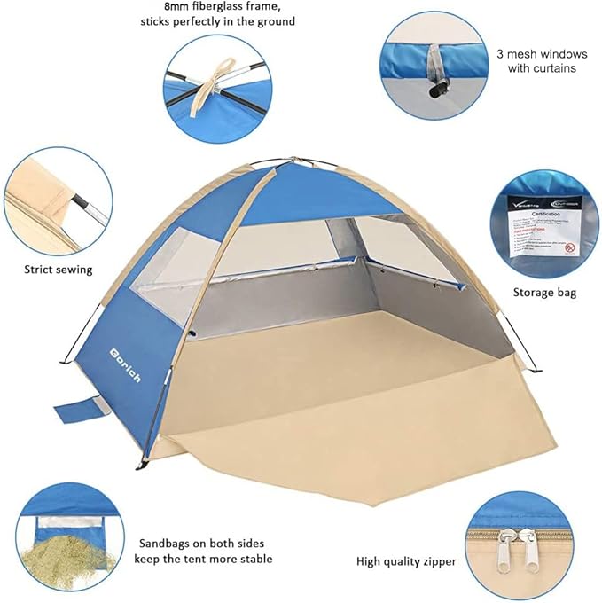 Gorich Beach Tent Sun Shelter for 3/4/6/8/10 Person with UPF 50＋ UV Protection Lightweight &amp Easy Setup Beach Shade Canopy Portable Beach Shade Tent Beach Cabana