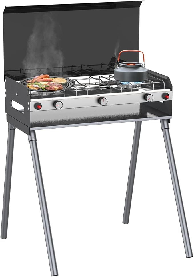 CAMPLUX 2 Burners &amp 1 Grill Propane Camping Stove 15000 BTU Portable Outdoor Propane Camping Grill Burner with Free Standing Legs Auto-Ignition Gas Stove with Regulator Black