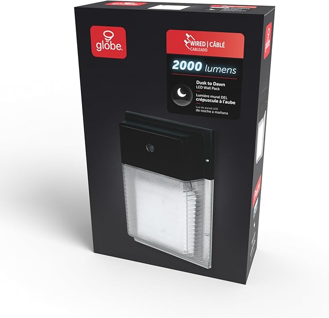 Globe Electric 23W Black Wall Pack 2000 Lumens Hardwired Automatic Dusk to Dawn Outdoor Integrated LED Flood Light Security Light Spotlight Outside House Lights