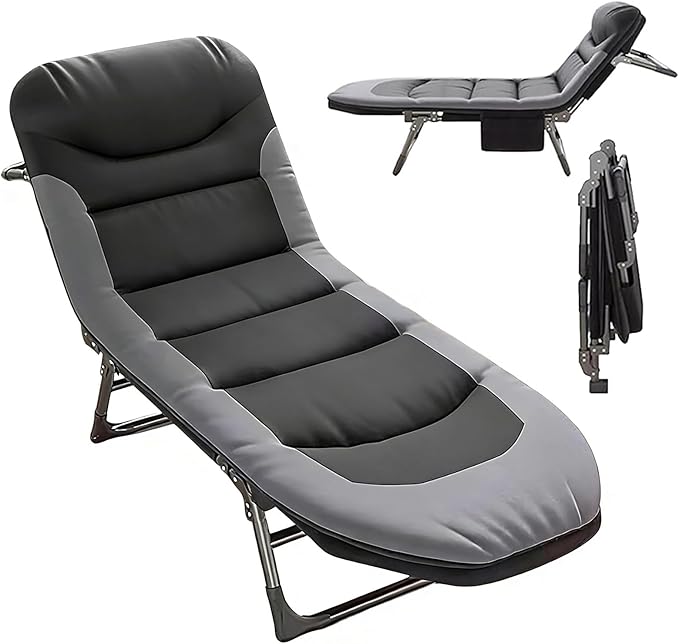 Folding Camping Cot for Adults with Adjustable Backrest &amp Pillow Portable Lounge Chair Bed 6-Position Recliner Waterproof Outdoor Cot Supports 450lbs Includes Side Pocket (Gray)