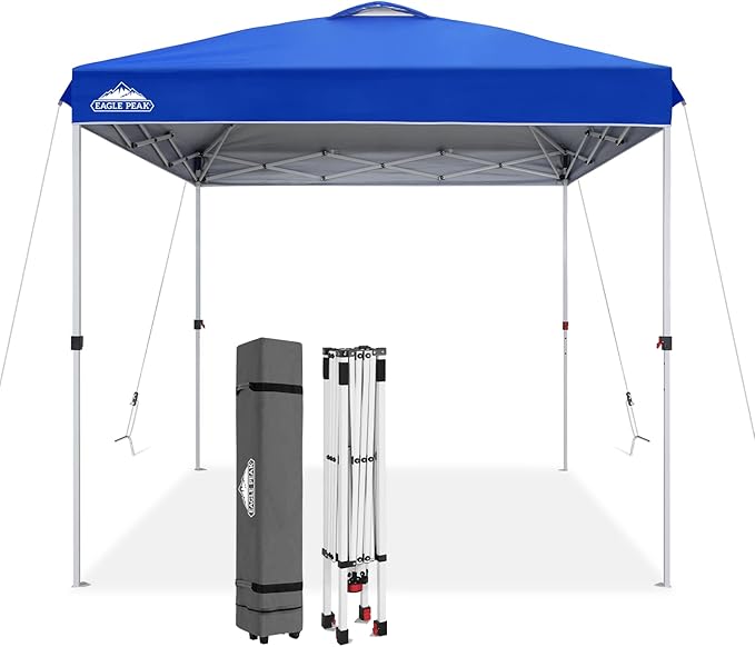 EAGLE PEAK Pop Up Canopy Tent with Wheeled Carry Bag 8 Stakes 4 Ropes Easy Set Up Tent Canopy 8x8 ft Blue